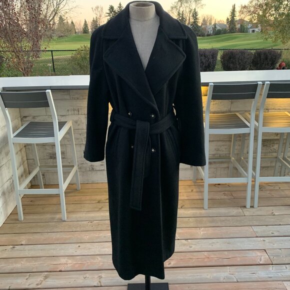 Vintage 90s Double Breasted Belted Long Maxi Overcoat Black Wool Trench Coat - Picture 2 of 16